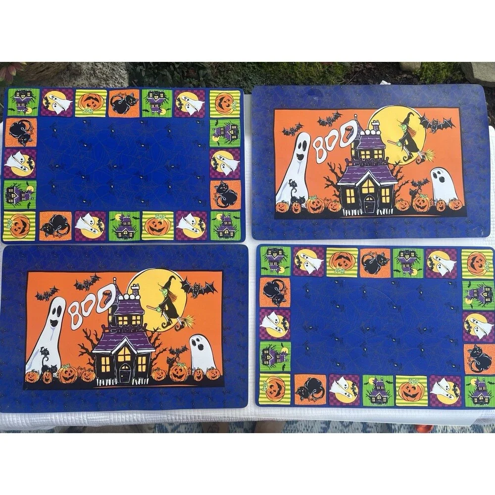 Vintage Halloween Foam Placemats Set of 7 12x18 Ghost Witch Black Cat
